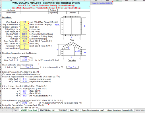 Excel calculation sheet wind load analysis - Force Resisting System Per ASCE 7-10