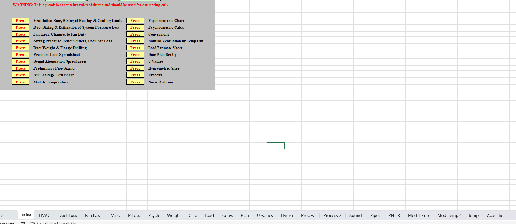 Collection of 20 Excel Sheets for HVAC in one single file