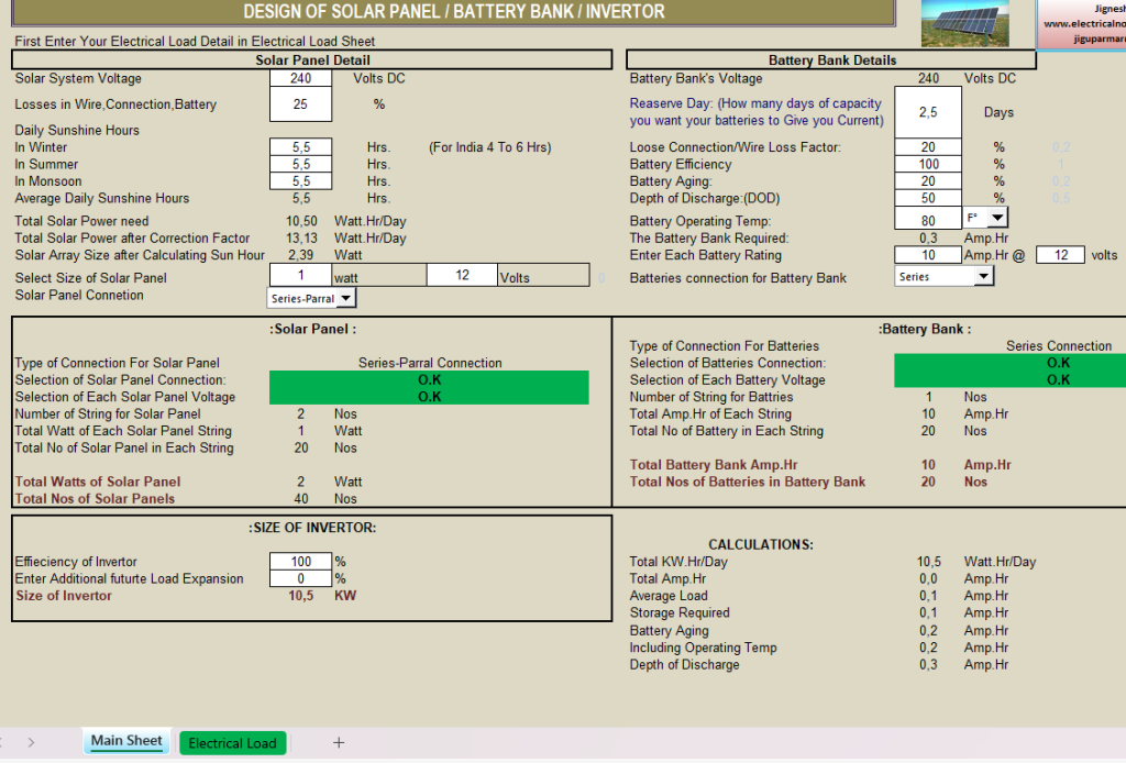 Excel File Sheet Solar Power System Design Calculator