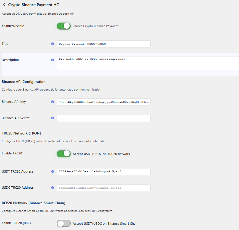 USDT/USDC Crypto Payment WooCommerce Plugin – with Binance Auto-Verification